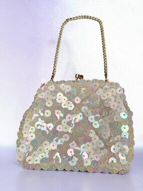 Vintage Sequin & Pearl Beaded Evening Bag Gold Chain Handle White Satin Lining M